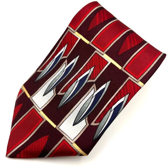 Halston -Men's Tie - Silk Geometric Y2K Necktie - Red Gray Blue 56" Long - Picture 5 of 5